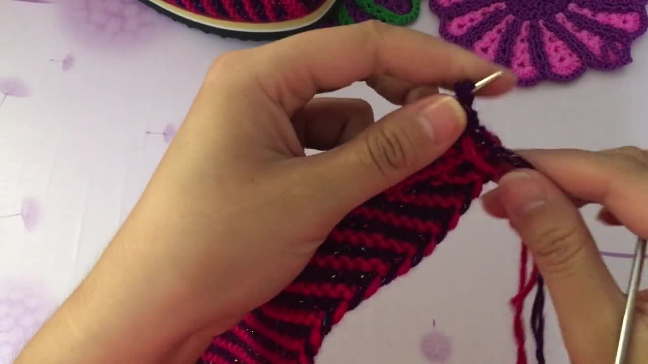 小辫子花拖鞋六 辫子花正针和反针织法